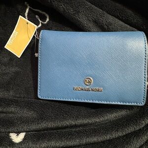 Michael Kors Light Blue Saffiano Leather Card Wallet with Gold Logo